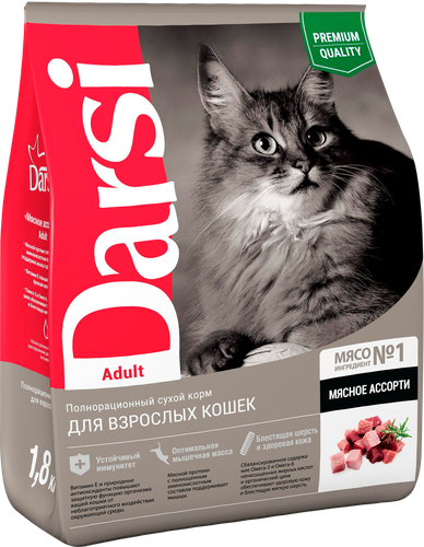 Корм сухой для кошек DARSI Adult Мясное ассорти, 1,8кг, крупный план