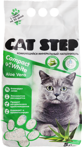 Наполнитель минеральный для кошачьего туалета CAT STEP Compact White Aloe Vera комкующийся, 5л, крупный план