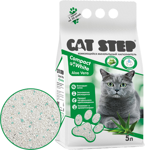 Наполнитель минеральный для кошачьего туалета CAT STEP Compact White Aloe Vera комкующийся, 5л, изображение