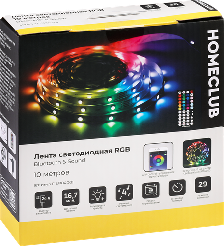 Лента светодиодная HOMECLUB RGB 10м, Bluetooth, 24Вт, IP20, 300 LED, Арт. F-LR04001, детальное фото
