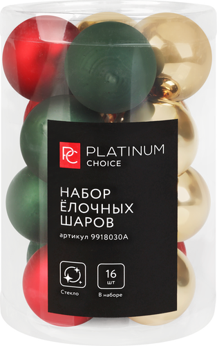 Набор елочных шаров PLATINUM CHOICE стекло, 3,5см, красный/зеленый/золотой, 16шт, детальное фото