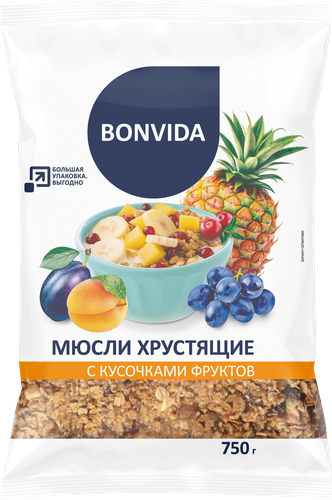 Мюсли хрустящие BONVIDA с кусочками фруктов, 750г, картинка