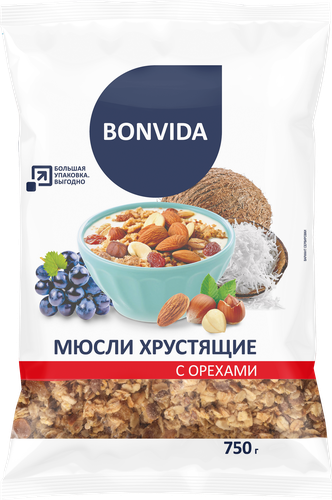 Мюсли хрустящие BONVIDA с орехами, 750г, картинка