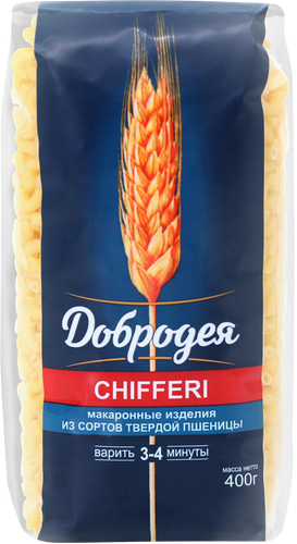 Макароны ДОБРОДЕЯ Chifferi группа А высший сорт, 400г, крупный план