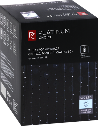Электрогирлянда PLATINUM CHOICE Занавес, 500LED, 3x3м, холодный белый, 8 режимов, соединяемая, с пультом, IP44, изображение