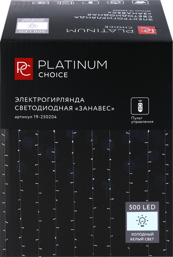 Электрогирлянда PLATINUM CHOICE Занавес, 500LED, 3x3м, холодный белый, 8 режимов, соединяемая, с пультом, IP44, картинка