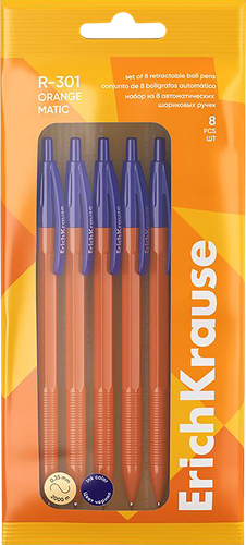 Набор шариковых ручек ERICHKRAUSE R-301 Matic Orange 0.7, автоматические, синий, 8шт, картинка