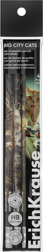 Набор чернографитных карандашей ERICHKRAUSE Big City Cats, трехгранные, с ластиком, НВ, 4шт, крупный план