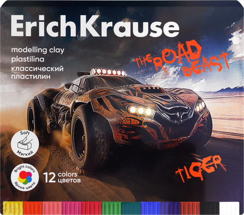 Пластилин ERICHKRAUSE Road Beast, классический, 12 цветов, со стеком, картинка
