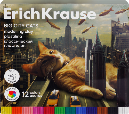 Пластилин ERICHKRAUSE Big City Cats, средней пластичности классический, 12 цветов, крупный план