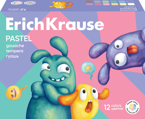 Гуашь ERICHKRAUSE Jolly Friends Pastel, 12 цветов по 20мл, крупный план