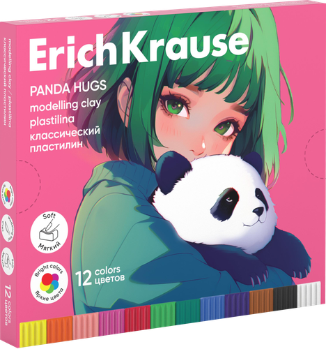Пластилин ERICHKRAUSE Panda Hugs, классический, 12 цветов, со стеком, 180г, изображение