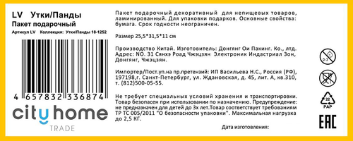 Пакет подарочный CITY HOME TRADE 25,5х31,5х11см, крупный план