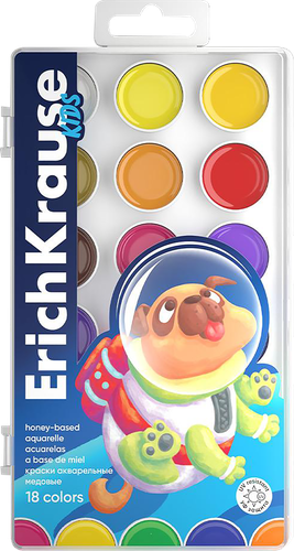 Краски акварельные медовые ERICHKRAUSE Kids Space Animals, 18 цветов, крупный план