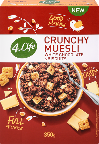 Мюсли хрустящие 4 LIFE с белым шоколадом и печеньем, 350г, картинка