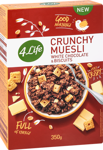 Мюсли хрустящие 4 LIFE с белым шоколадом и печеньем, 350г, изображение