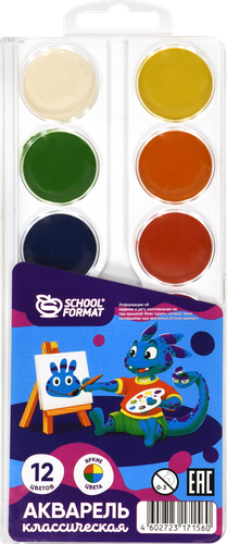 Акварель SCHOOLFORMAT Smart Dino 12 цветов, без кисти, изображение