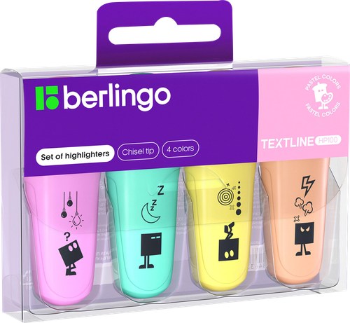 Набор мини-текстовыделителей BERLINGO Textline HP100, 4 цвета, 1–5мм, пастельные цвета, крупный план