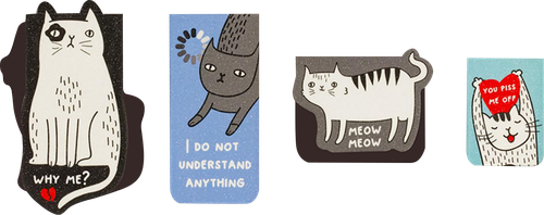 Закладки магнитные для книг MESHU Funny cat, ламинация с блестками, 4шт, фото