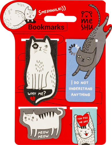 Закладки магнитные для книг MESHU Funny cat, ламинация с блестками, 4шт, крупный план