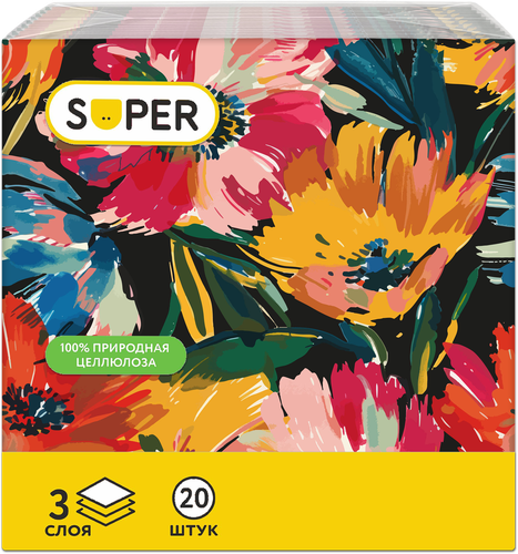 Салфетки бумажные SUPER Декор на черном 3-слоя, 33х33см, 20шт, детальное фото