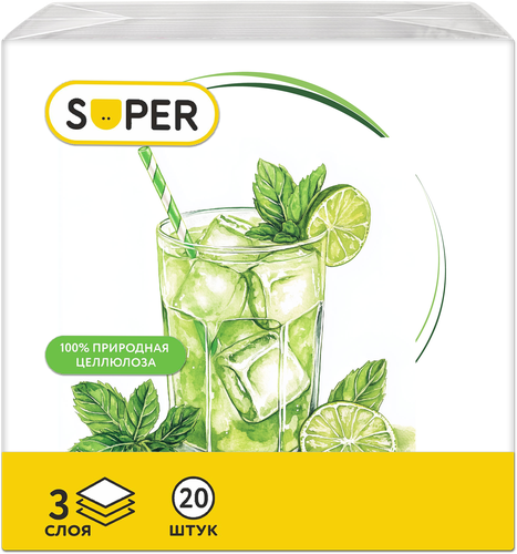 Салфетки бумажные SUPER Коктейли 3-слоя, 33х33см, 20шт, крупный план