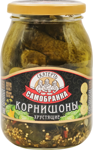 Корнишоны маринованные СКАТЕРТЬ-САМОБРАНКА Хрустящие, 500мл, крупный план