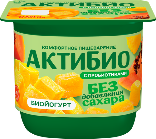 Йогурт АКТИБИО с манго и папайей, без сахара 3%, без змж, 130г, крупный план