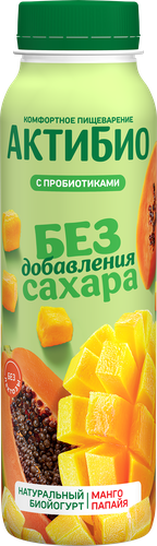 Йогурт питьевой АКТИБИО с манго и папайей 1,5%, без сахара, без змж, 260г, детальное фото