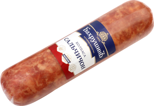 Колбаса сырокопченая БАХРУШИНЪ Сальчичон, весовая, крупный план