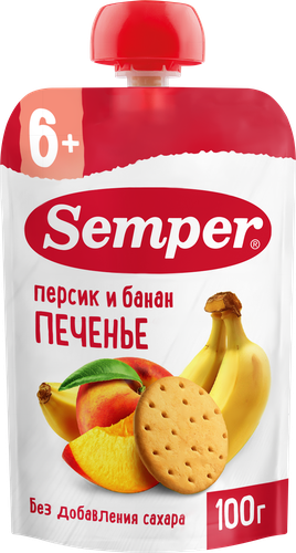 Пюре фруктово-злаковое SEMPER Персик и банан с печеньем, с 6 месяцев,  100г, вид