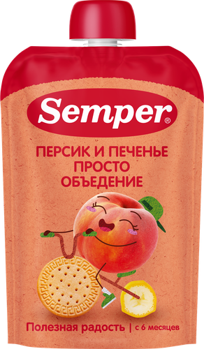 Пюре фруктово-злаковое SEMPER Персик и банан с печеньем, с 6 месяцев,  100г, вид