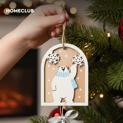Подвеска HOMECLUB Северный мишка с шариком, дерево, голубой, 15см, картинка