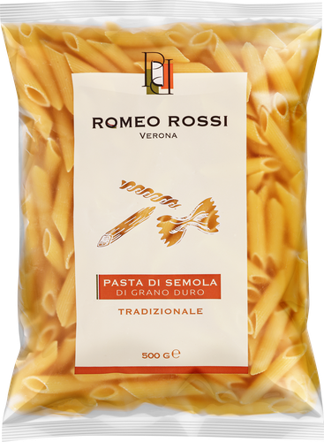 Паста ROMEO ROSSI Penne rigate, из муки твердых сортов пшеницы, 500г, крупный план