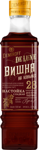 Настойка DEMIROFF Вишня на коньяке 21%, сладкая, 0.5л, крупный план