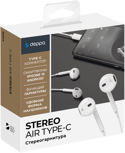 Стереогарнитура DEPPA Stereo Air Type-C, белый, Арт. 44215, фотография