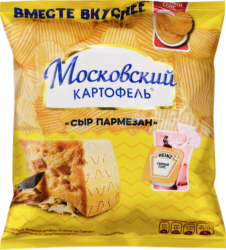 Чипсы картофельные МОСКОВСКИЙ КАРТОФЕЛЬ Рифленые, со вкусом сыра Пармезан и сырным соусом Heinz, 84,4г, изображение