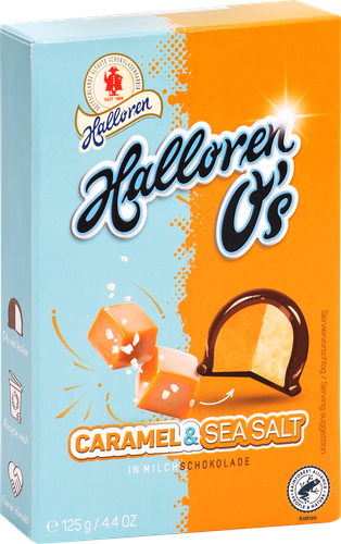 Конфеты шоколадные HALLOREN Caramel & Sea Salt, со вкусом соленой карамели, 125г, крупный план