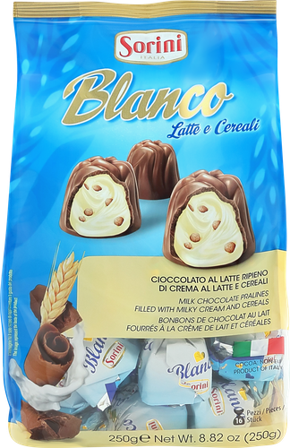 Конфеты HDI Blanco пралине с молочным кремом и злаками, 250г, крупный план