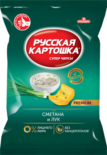 Чипсы картофельные РУССКАЯ КАРТОШКА со вкусом сметаны и лука, 230г, крупный план