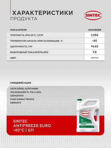 Антифриз SINTEC Euro G11 green до -40, 10кг, фотография