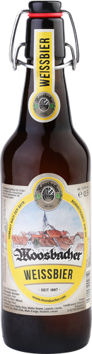 Пиво светлое MOOSBACHER Weissbier пшеничное нефильтрованное пастеризованное осветленное 4,9%, 0,5л, крупный план