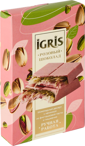 Шоколад розовый IGRIS с начинкой из фисташковой пасты и пишмание, 150г, крупный план