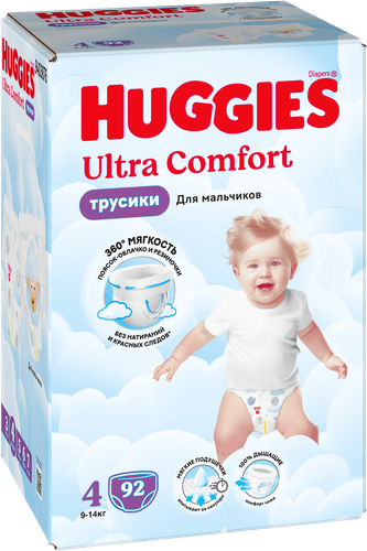 Подгузники-трусики для мальчиков HUGGIES Ultra Comfort 4 9–14кг, 92шт, фотография
