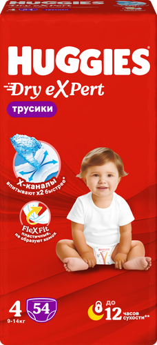 Подгузники-трусики HUGGIES Dry Expert 4 9–14кг, 54шт, детальное фото