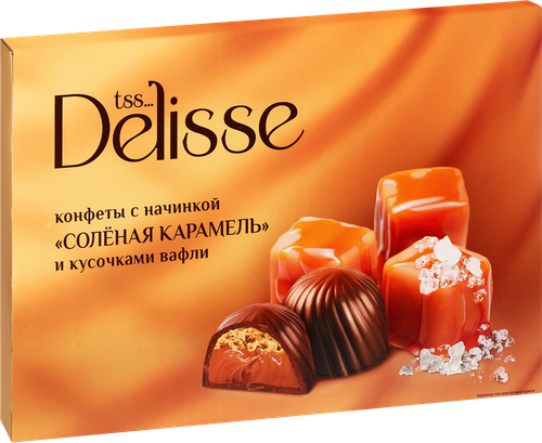 Набор конфет DELISSE с начинкой соленая карамель с вафлей, 155г, крупный план