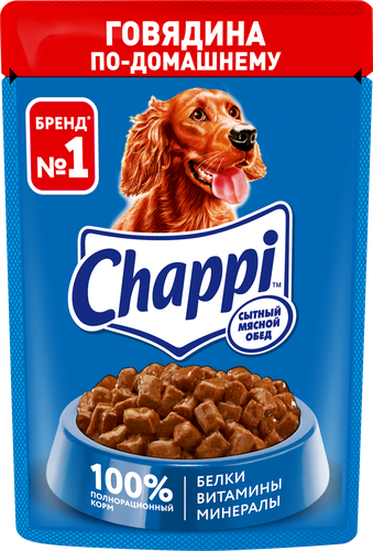 Корм консервированный для собак CHAPPI Сытный мясной обед Говядина по-домашнему, 85г, крупный план