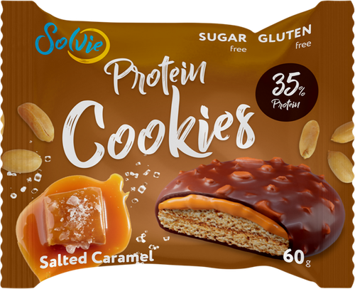 Печенье протеиновое SOLVIE Арахисовое с соленой карамелью 35% белка в молочном шоколаде, без сахара, 60г, фотография