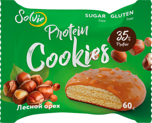Печенье протеиновое SOLVIE Лесной орех 35% белка в молочной карамели, без сахара, 60г, фото