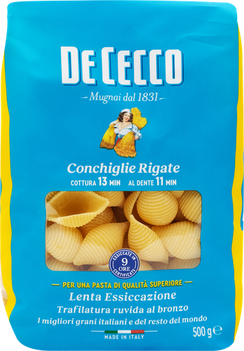 Макароны DE CECCO Conchiglie rigate №50, из муки твердых сортов пшеницы, 500г, крупный план